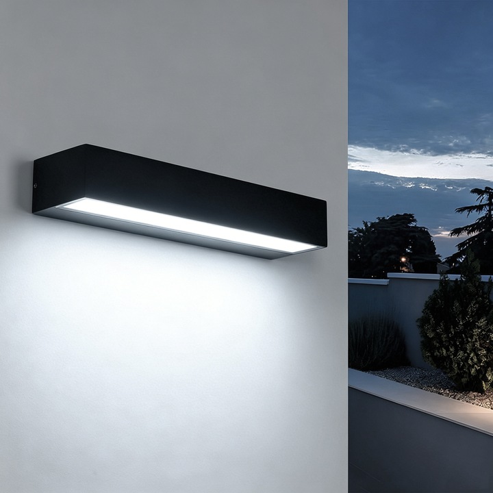Aplica Cu Led, Goeco,16w, IP65, Dreptunghiulara, exterior, 30 cm, rece 6500 K, negru, lampa de perete pentru exterior, impermeabila, rezistenta la rugina, pentru terasa, usa si interiorul casei