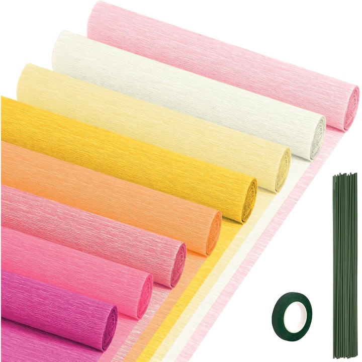 8 tekercses Tinalenne krepp papír szett, többszínű, 25x2500cm, virágdróttal és zöld ragasztószalaggal