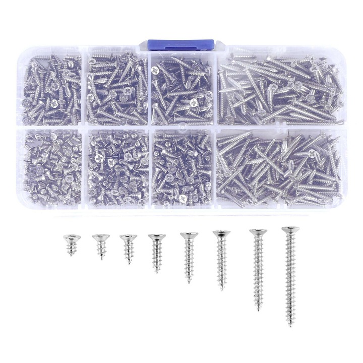 Set de 800 suruburi autoforeuze M2 din otel inoxidabil, argintii, diverse dimensiuni
