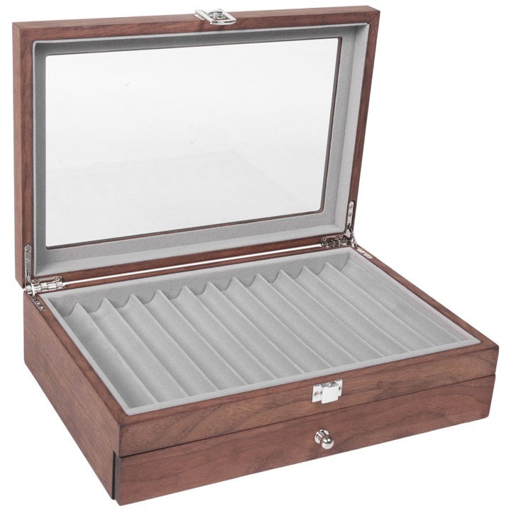 Cutie de prezentare pentru stilouri din nuc, 23 compartimente, design european, transparent, 1x cutie