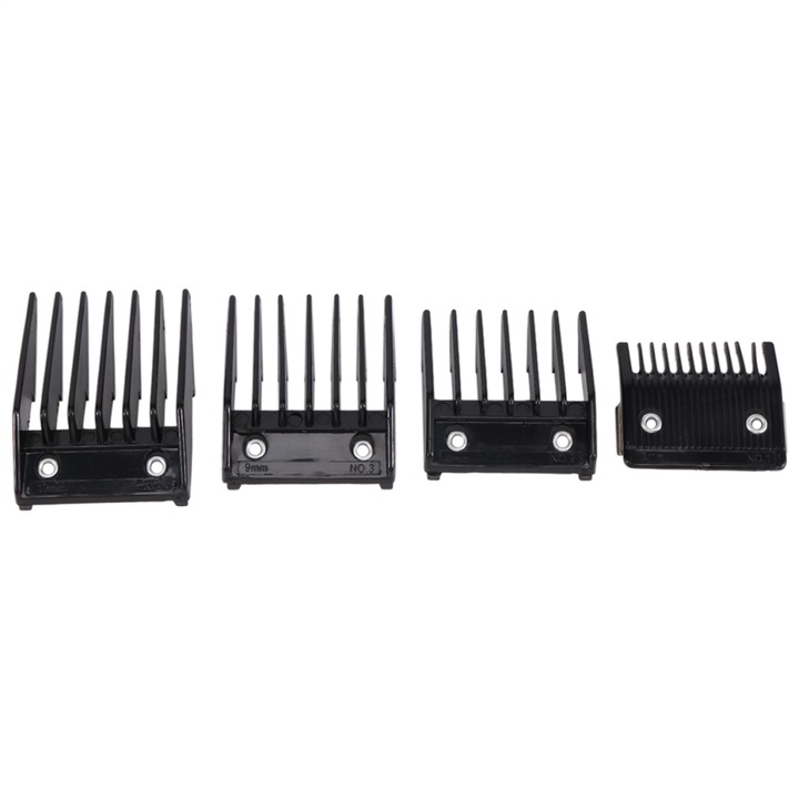 Set de 4 piepteni metalici pentru tuns, 3mm, 6mm, 9mm, 12mm, negru