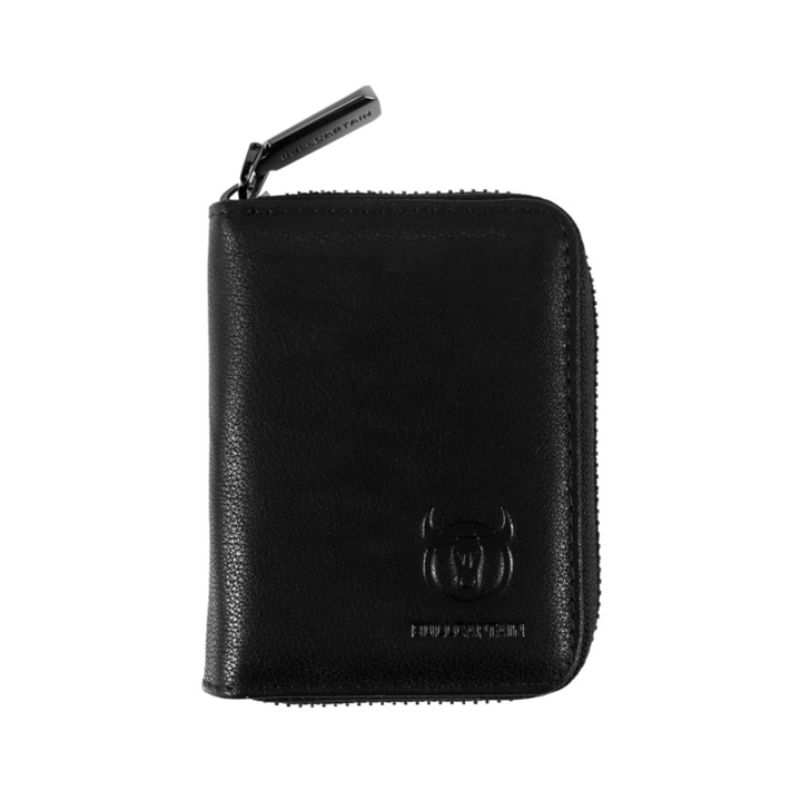 Portofel barbati din piele naturala neagra cu fermoar, compartimente pentru carduri, dimensiuni 12x10x4cm