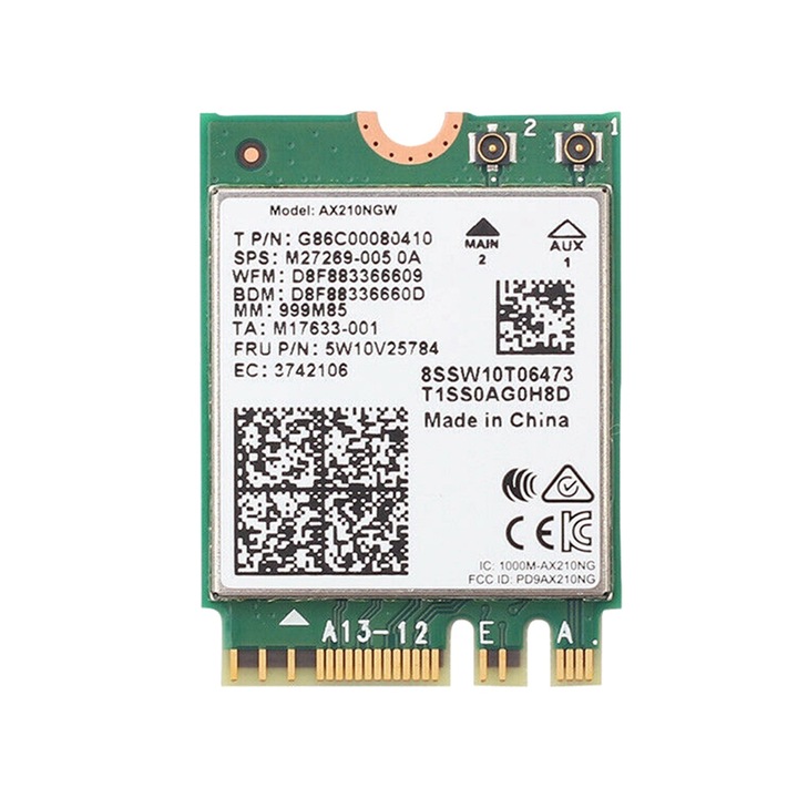 Placa de retea AX210NGW M.2 NGFF Wi-Fi 6E 2400 Mbps, 2.4 GHz / 5 GHz, verde
