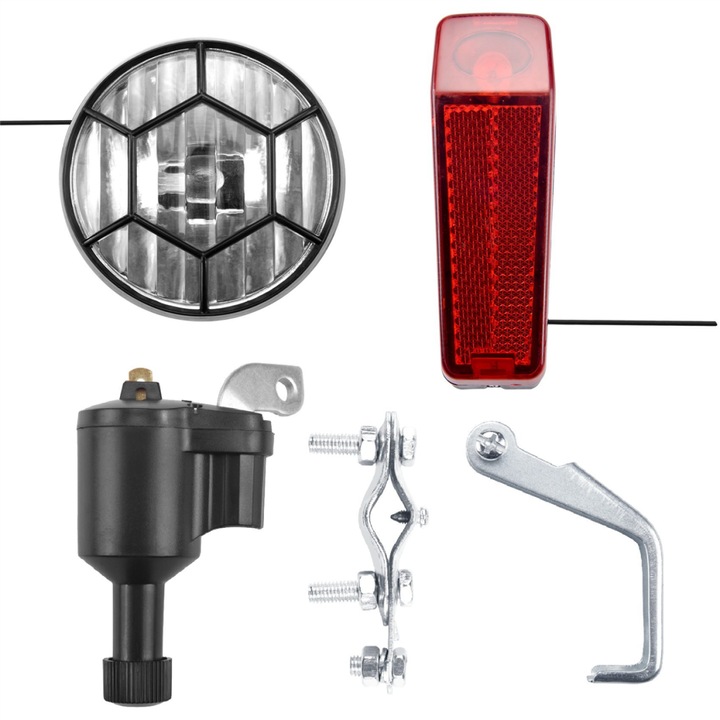 Kit lumini bicicleta cu dinam, 6V, 3W, negru + argint, set complet