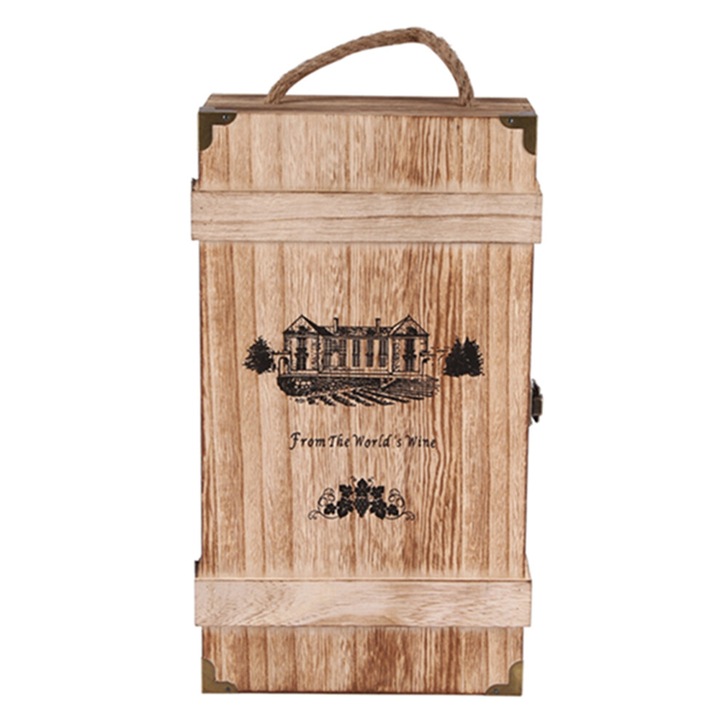 Cutie vintage din lemn pentru 2 sticle de vin rosu, galben, 35x19x10cm, set cadou
