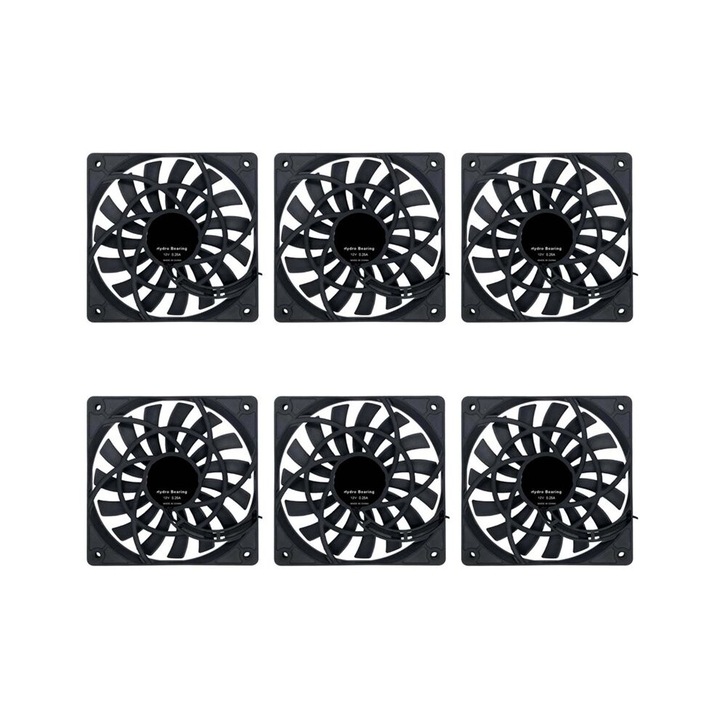 PC ventilátor készlet, 6 db, 120mm, 12V, 0.25A, 1400RPM, fekete, 120x120x12mm