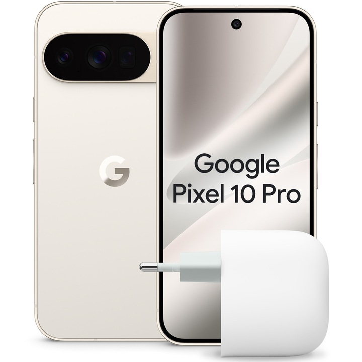 Telefon mobil Google Pixel 10 Pro, 128GB, 16GB RAM, 5G, Porcelain + Incarcator retea Google 45W USB-C