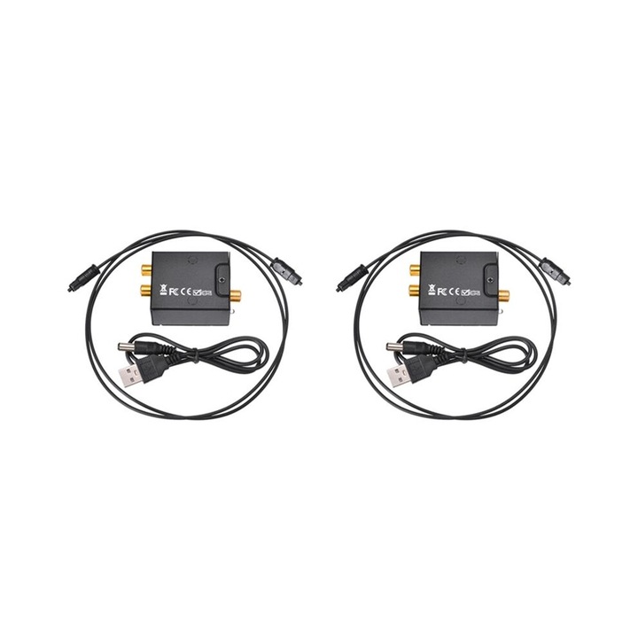 2X Digitális-Analóg Audio Konverter Készlet, Toslink Optikai Szál, Koaxiális Jel RCA R/L-re, Fekete, 64x40x25mm