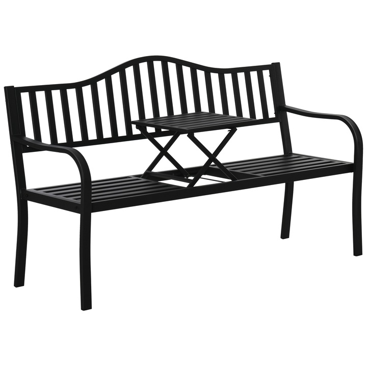 Bancuta de gradina cu masa de cafea integrata, Outsunny, Metal, 150 x 58.5 x 90 cm, Negru