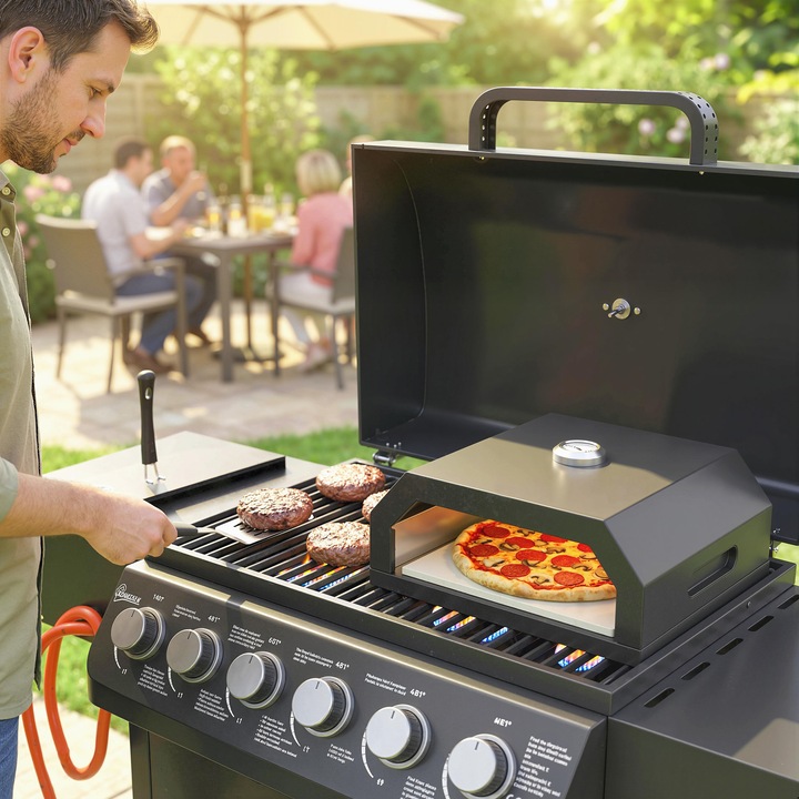 Outsunny grill pizza sütő, fém, kő, 53cm x 40cm x 18.5cm, fekete