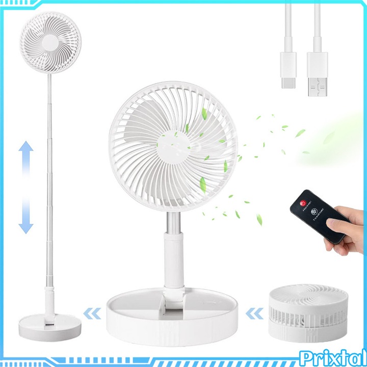 Hordozható összecsukható és teleszkópos ventilátor, 4 sebességfokozat, állítható magasság, alacsony zajszint, 180°-ban állítható fej, USB töltés, 7200 mAh, hosszú üzemidő, 20 cm átmérő, kompakt, távirányítóval, irodába / hálószobába / kültérre, fehér