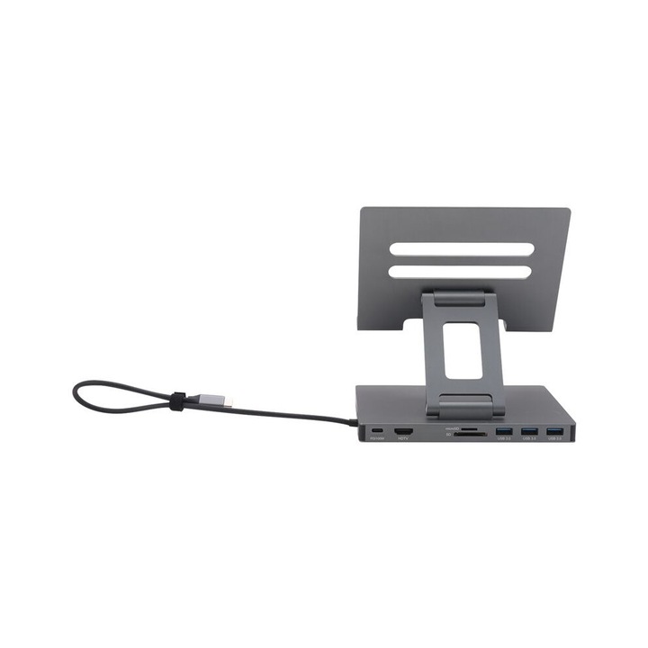 Alumíniumötvözet laptop dokkoló állomás, 9 az 1-ben, TF támogatás, Gigabit Ethernet port, 143x100x26mm