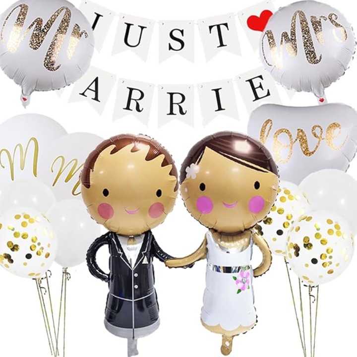 Комплект балони и декорации Just Married, за декорация на фото кабина, Декор за кола на младоженци, Фолио и латекс, Бял/Златист