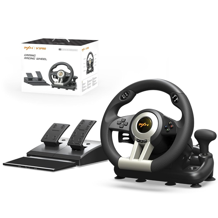 Volan de curse pentru PC PXN, V3 PRO, 180 de grade, volan universal USB pentru simulare auto, cu pedale, compatibil cu PC, PS3, PS4, Xbox One, Xbox Series X/S, Switch