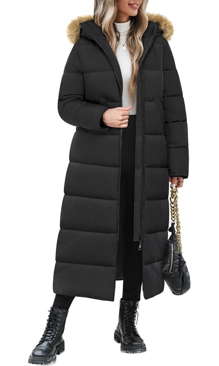 Geaca Lunga Matlasata pentru Dama cu Gluga si Blana Detasabila – Parka Groasa de Iarna cu Fermoar Dublu si Protectie Termica Premium, Neagra, Marimea M