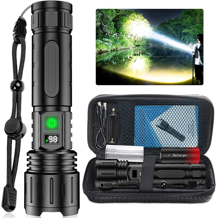 BOMSTOM erős LED lámpa, 100000 lumen, 5000mAh, alumínium, 5 világítási mód, újratölthető, IPX5, digitális kijelző, teleszkópos zoom, fekete