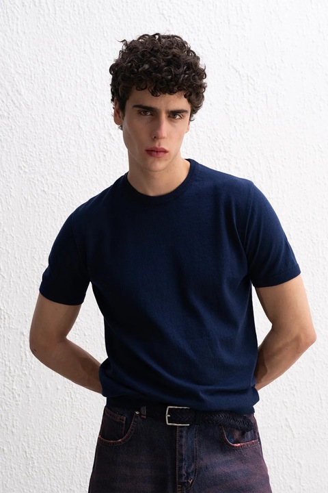 Tricou barbati, Giesto, guler rotund, bumbac, albastru marin