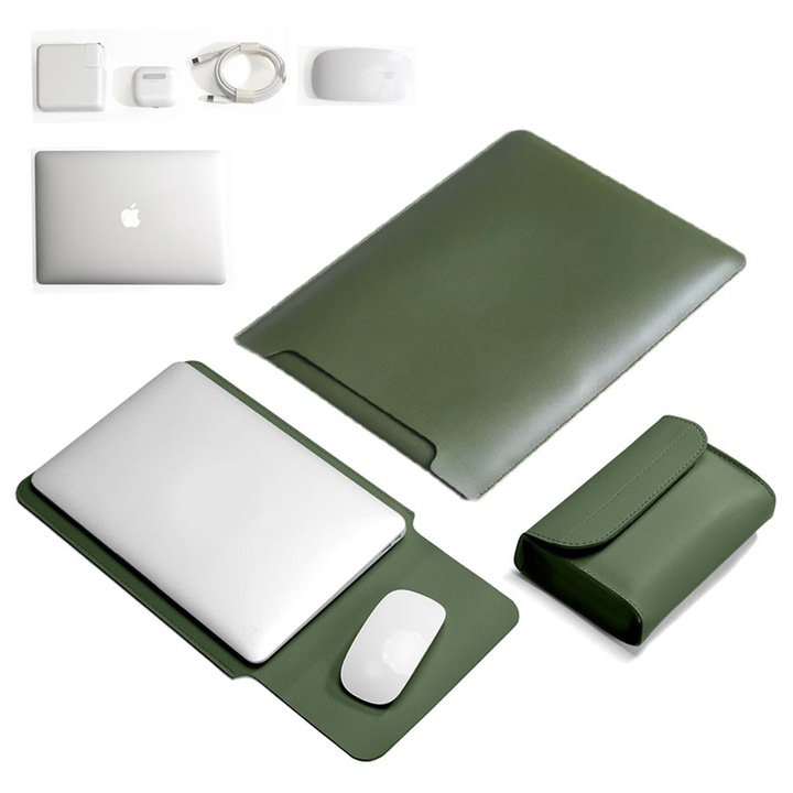 Husa laptop Bciyezy 13-14 inch, piele ecologica verde, mouse pad integrat, compartiment captusit