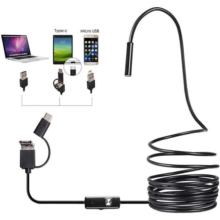 Camera endoscopica 3-in-1, lentila 5.5mm, LED, cablu 5m, USB, HD