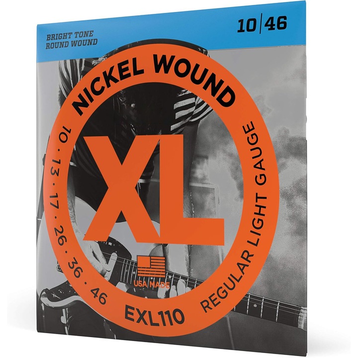 Corzi pentru chitara electrica EXL110, Fain Mioritic®, Aliaj de nichel XL, Set de corzi standard usoare 10-46, Potrivite pentru sesiuni de antrenament extinse, ideale pentru incepatori si potrivite si pentru uz profesional