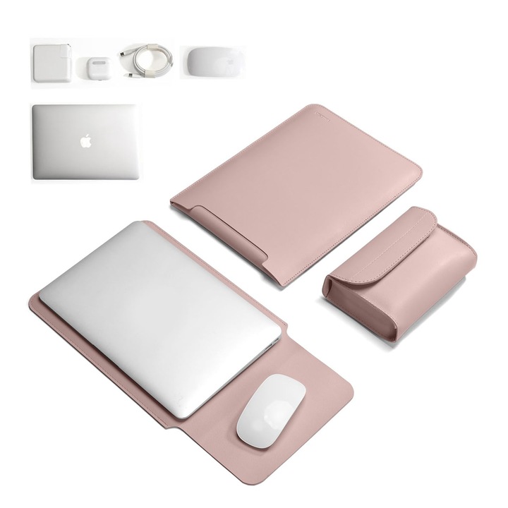 Husa laptop Bciyezy 13-14 inch roz piele ecologica multifunctionala slim