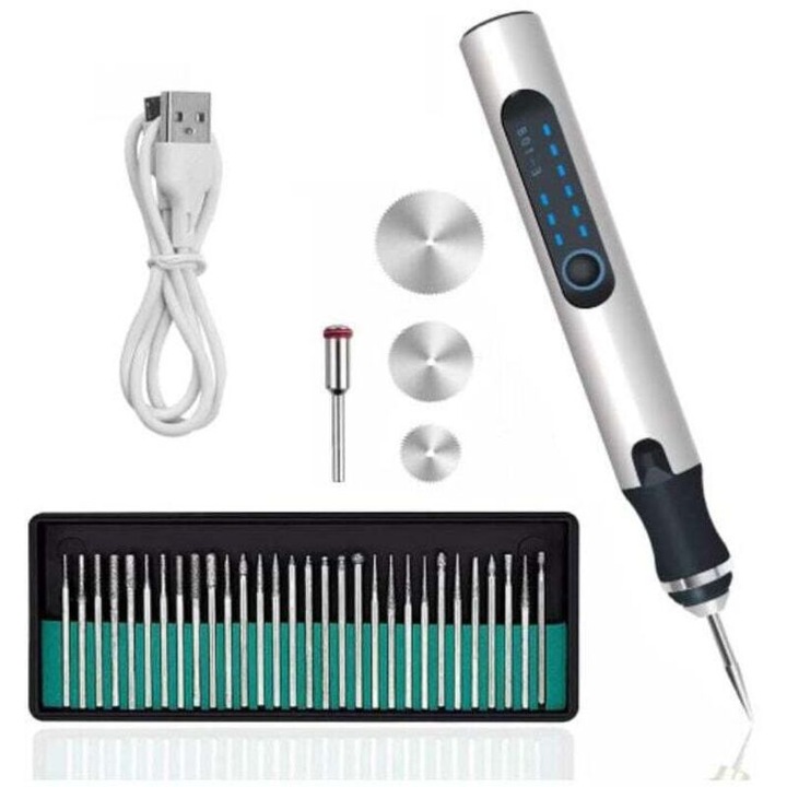 Set de unelte electrice de gravare fara fir, 35 de accesorii, pentru metal, sticla, lemn, ceramica, plastic