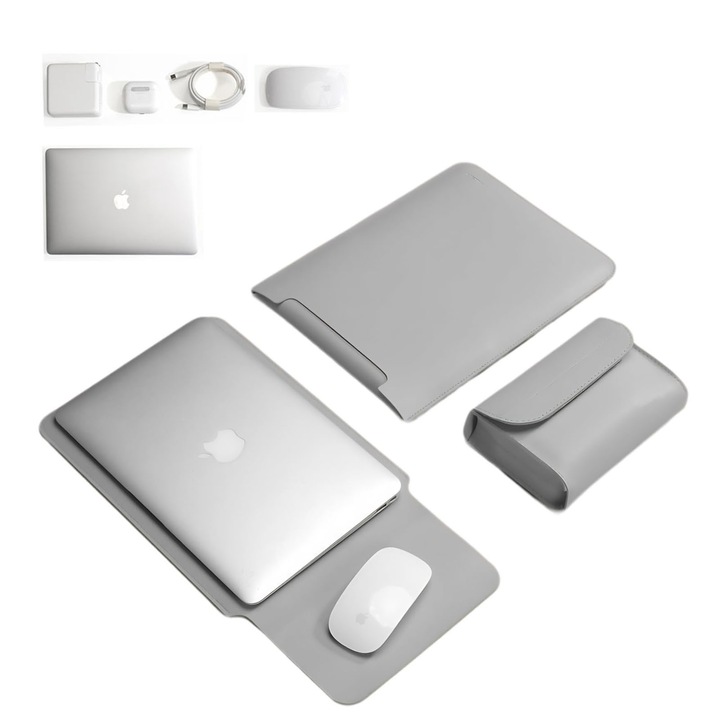 Husa laptop Bciyezy 13-14 inch, piele ecologica gri, mouse pad integrat, protectie apa si zgarieturi