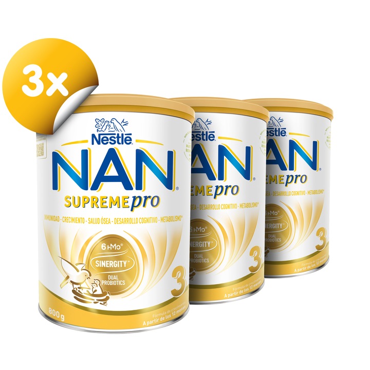 Pachet lapte praf Nestle NAN 3 Supreme Pro, 3 x 800 g, de la 1 an