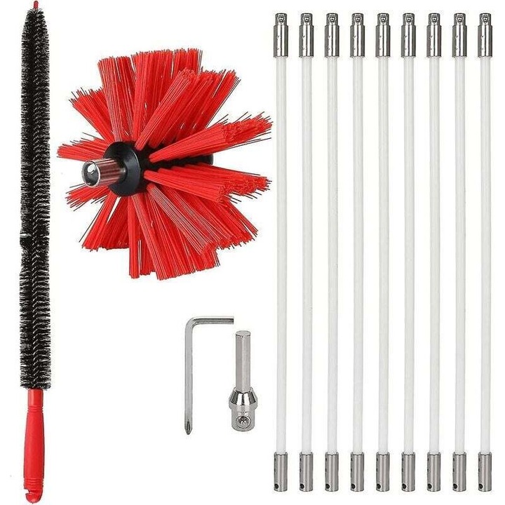 Professzionális kéménytisztító készlet, 9 db 410 mm-es flexibilis rúd, 40x100 mm-es kefe, krómozott reteszelő rendszer, teljes hossza 3.69 m