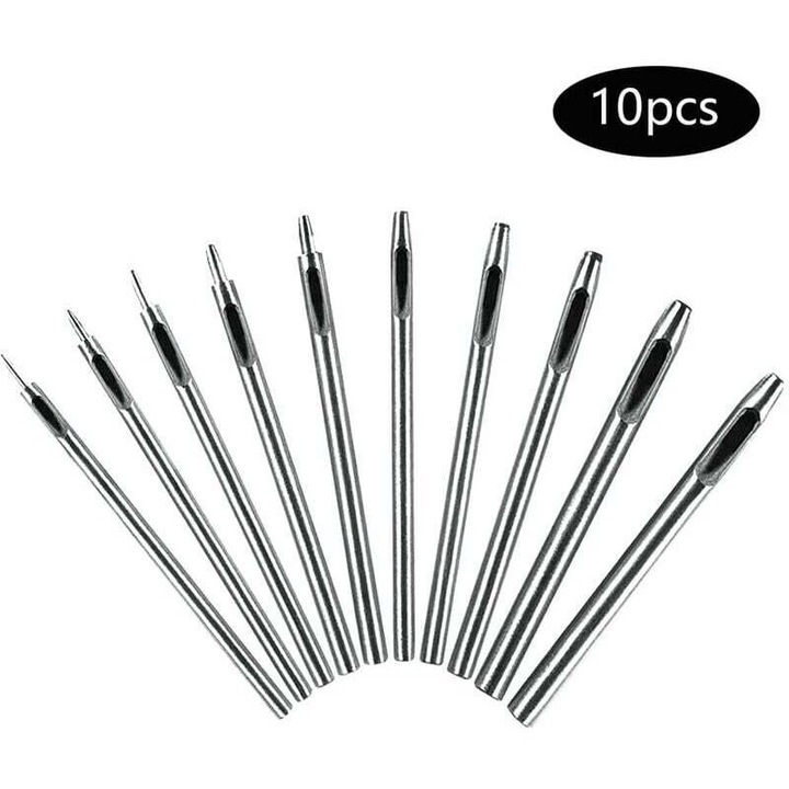 Set de 10 perforatoare din otel pentru piele, dimensiuni variate, utilizare usoara