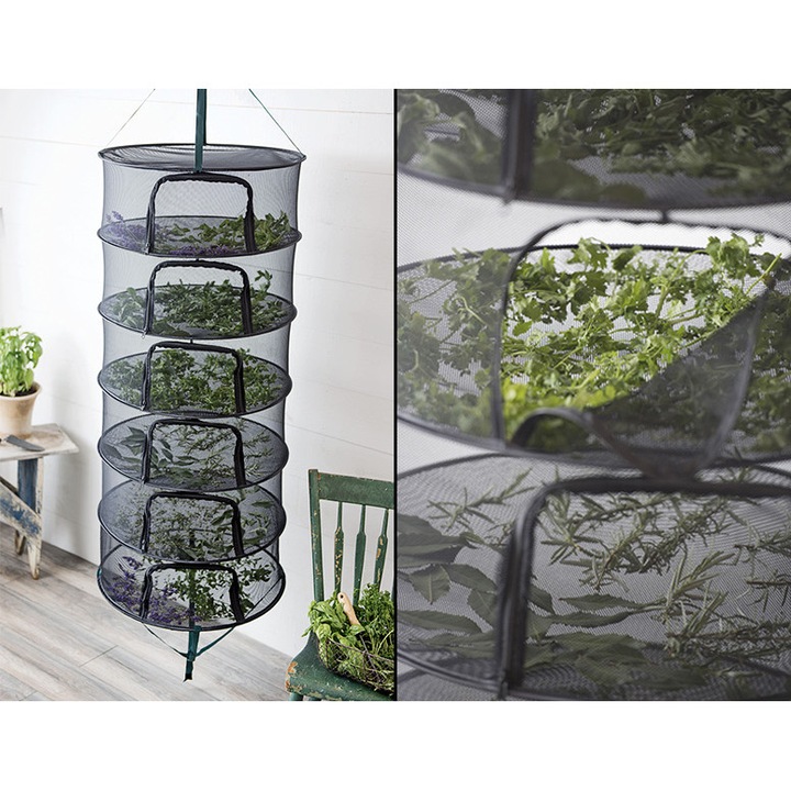 Plasa de uscare pentru ierburi, ciuperci, nuci si legume - neagra, cu fermoar, 6 straturi, 130x60cm, Clever Grow