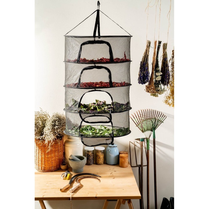 Plasa de uscare pentru ierburi, ciuperci, nuci si legume - neagra, cu fermoar, 4 straturi, 60x90cm Clever Grow