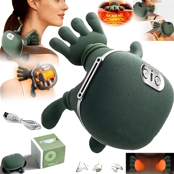 Aparat masaj cervical gat si umeri 4D cu 2 moduri incalzire, Anikers® profesional, fara fir, masaj ce imita mana umana, 3 moduri, cu autonomie la baterie de pana la 12 zile pentru relaxare si dureri musculare perfect pentru un cadou pentru cei dragi