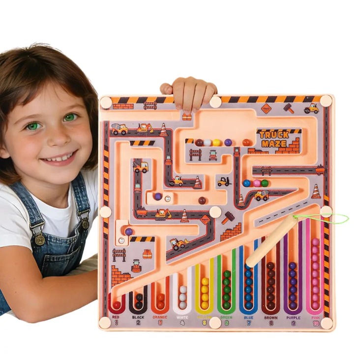 Joc educativ labirint Stone® Track cu bile magnetice si sortare culori pentru copii 3 ani+, 18x18cm