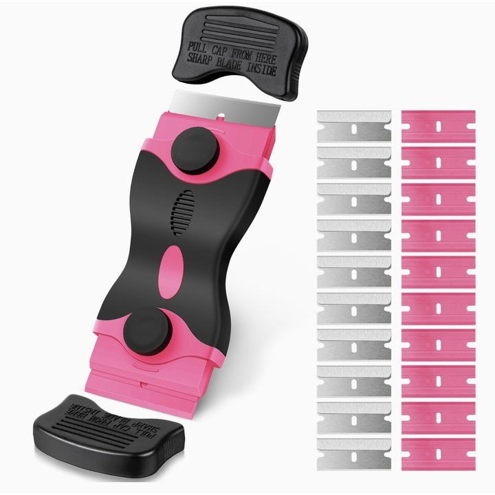 Többfunkciós raclette kaparó, Dactylion, 2 fejjel, ergonomikus, fekete/rózsaszín, 12.5x4.5cm, 10 fém penge + 10 műanyag penge készlet