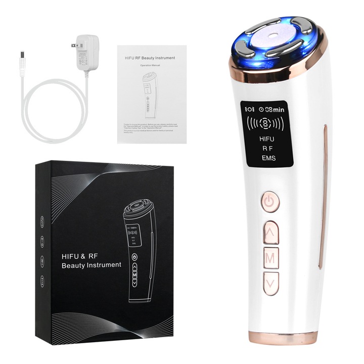 Aparat de infuzie cu caldura, Aiorber, aparat de infrumusetare 4-in-1, terapie cu lumina LED in 3 culori, EMS, impulsuri, vibratii, lifting si netezire a ridurilor, necesita conectarea la un adaptor