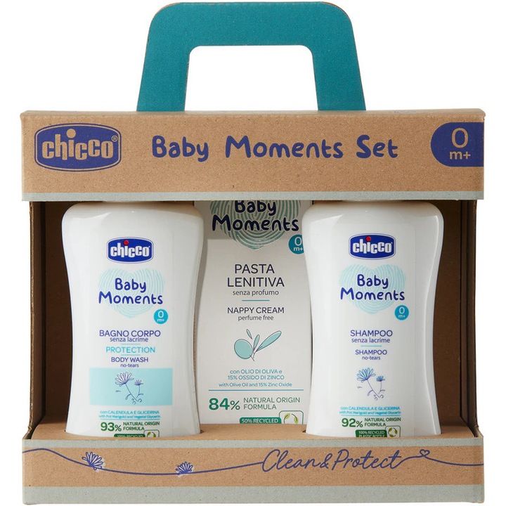 Set Baby Moments 3 în 1 - Șampon, Cremă pentru iritații de scutec, Gel de duș