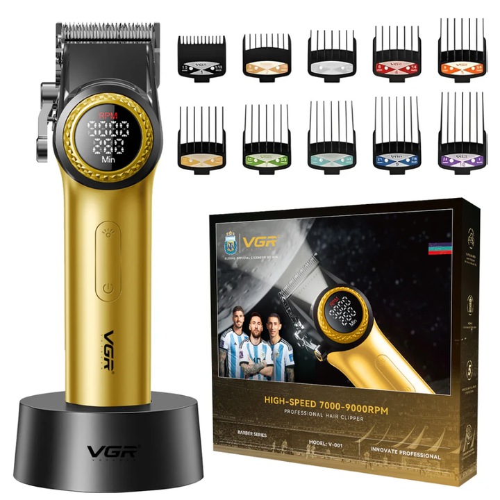 Trimmer VGR V-001 GOLD, arany, USB töltés, 2000mAh lítium akkumulátor, 400 perc üzemidő, készlet