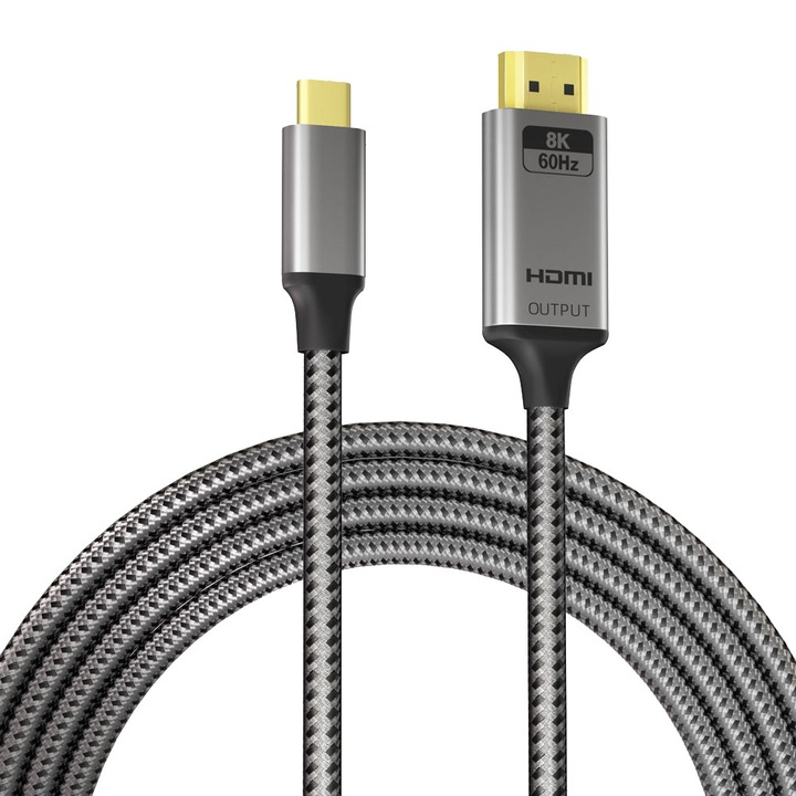 Cablu Adaptor USB C la HDMI 2.1, AHA PRINT®, 2 metri, 8K 60Hz si 4K 144Hz, Compatibil Thunderbolt 3 si 4, pentru Laptop, MacBook Pro/Air, PC, TV, Monitor, Proiector, PS5, Xbox, Material Textil Impletit Rezistent, Carcasa Aluminiu, Gri
