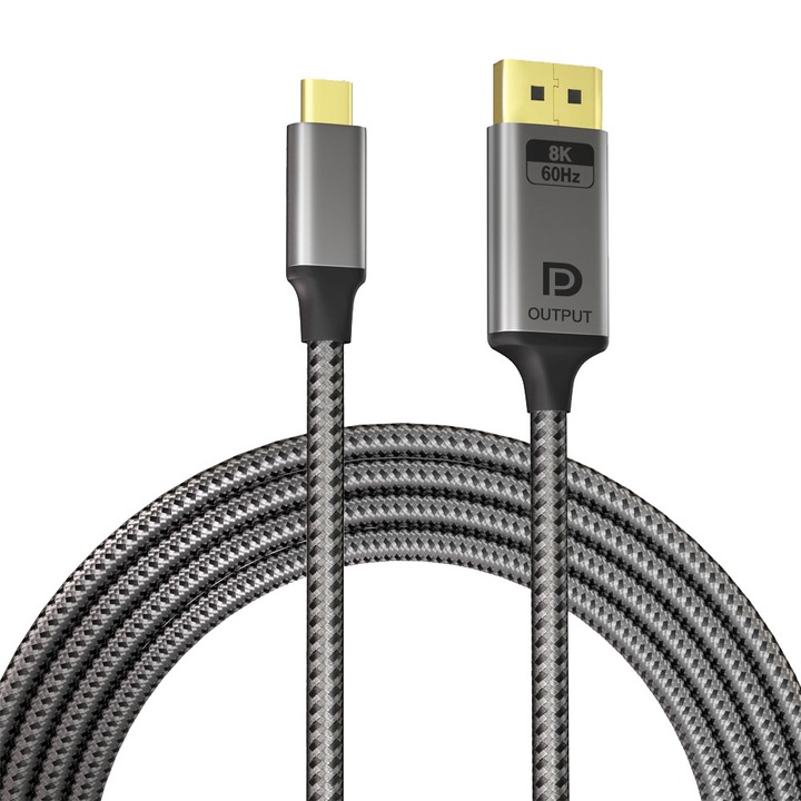 Cablu USB-C la DisplayPort 1.4, AHA PRINT®, 2 metri, Certificat 8K 60Hz DSC 1.2, 4K 144Hz si 240Hz, Adaptor Video Ultra HD cu HDR, Suport Thunderbolt 3-4, pentru MacBook, Dell XPS, Monitor Gaming, Laptop, PC, Televizor, Conectori Auriti, Textil Rezistent
