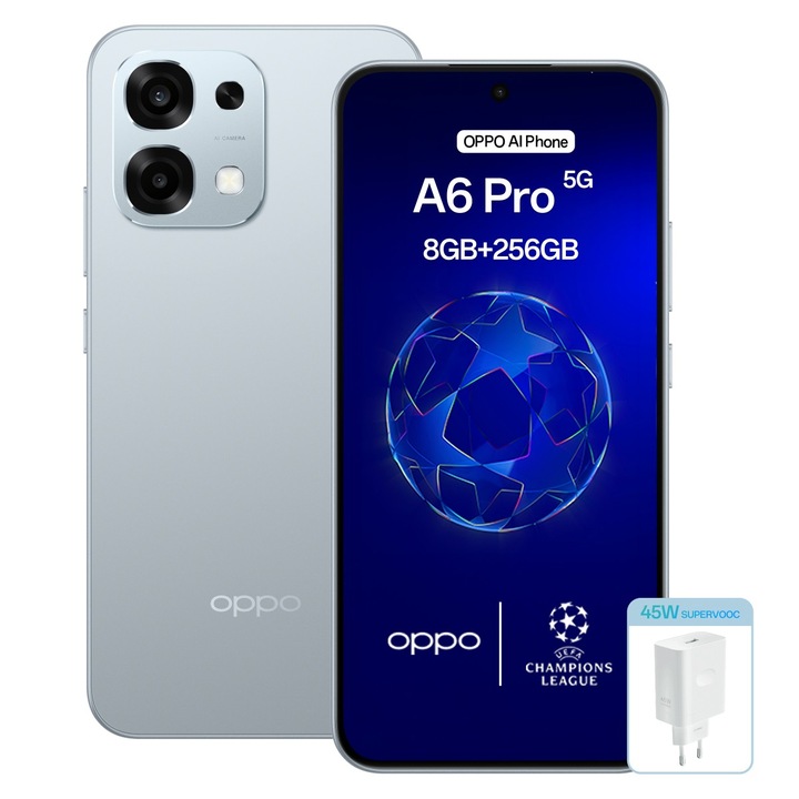 Telefon mobil OPPO A6 Pro, 256GB, 8GB RAM, 5G, Dual SIM, Baterie 6500 mAh, Camera AI, Titaniu Lunar+Incarcator 45W SUPERVOOC Suplimentar, Misty White
