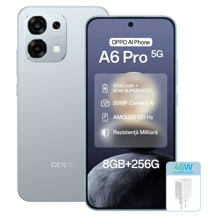 Telefon mobil OPPO A6 Pro, 256GB, 8GB RAM, 5G Dual SIM, 6500mAh, 50MP Camera AI, Lunar Titanium + Incarcator OPPO SUPERVOOC 45W