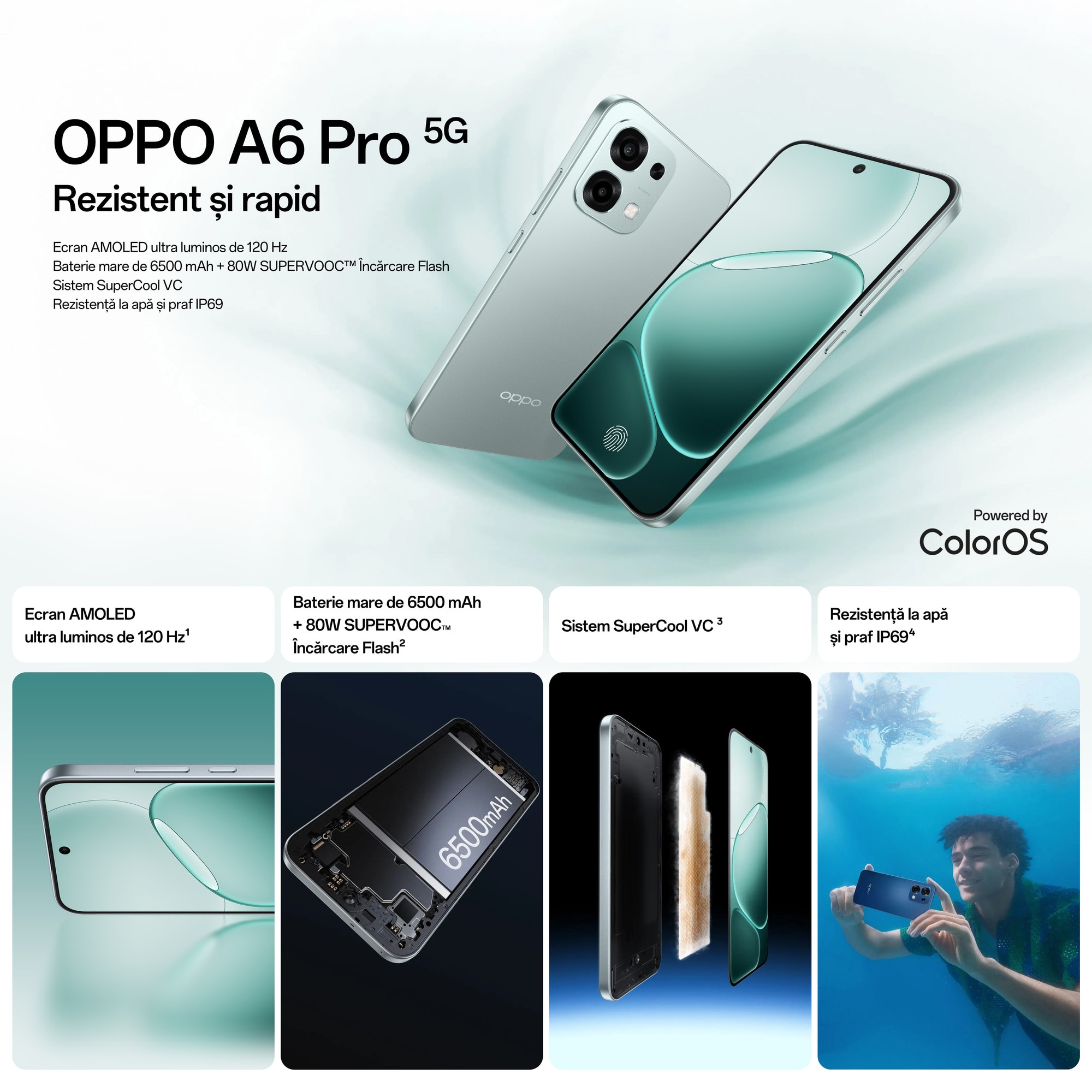 Telefon mobil OPPO A6 Pro, 256GB, 8GB RAM, 5G, Dual SIM, Baterie 6500 mAh, Camera AI, Albastru Stelar+Incarcator OPPO SUPERVOOC 45W Alb