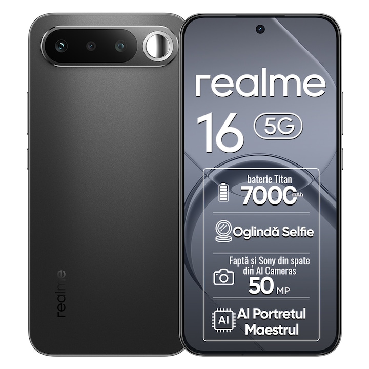 Telefon mobil Realme 16 5G, 256 GB, 6 GB RAM, baterie de 7000 mAh, IP69, Negru