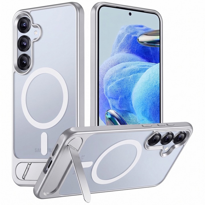 Tok Samsung Galaxy S24-hez, MagSafe kompatibilis, Katonai szabványú védelem, Beépített fém támasztékkal, Ezüst