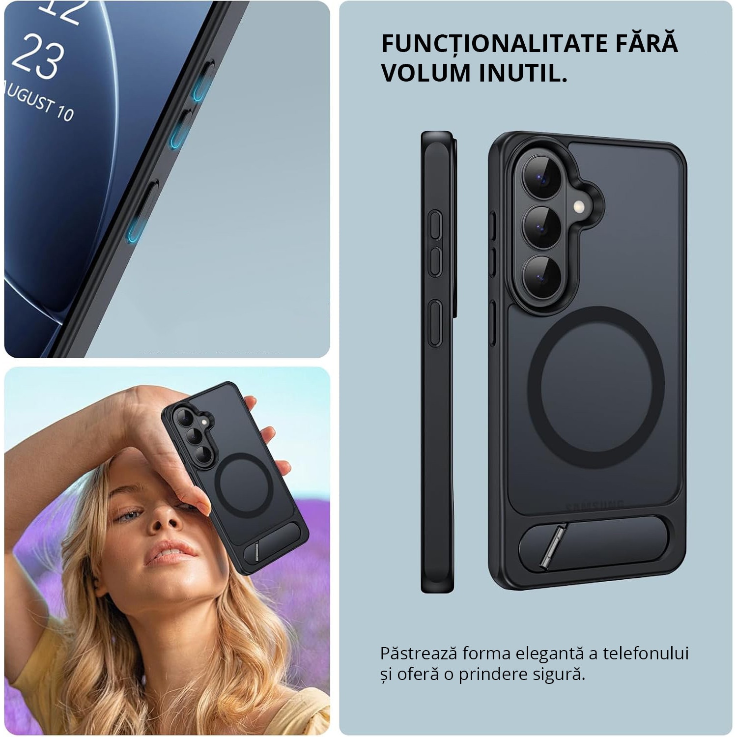 Husa pentru Samsung Galaxy S26, compatibil cu MagSafe, Protectie standard Militar, cu Suport Metalic Incorporat, Negru