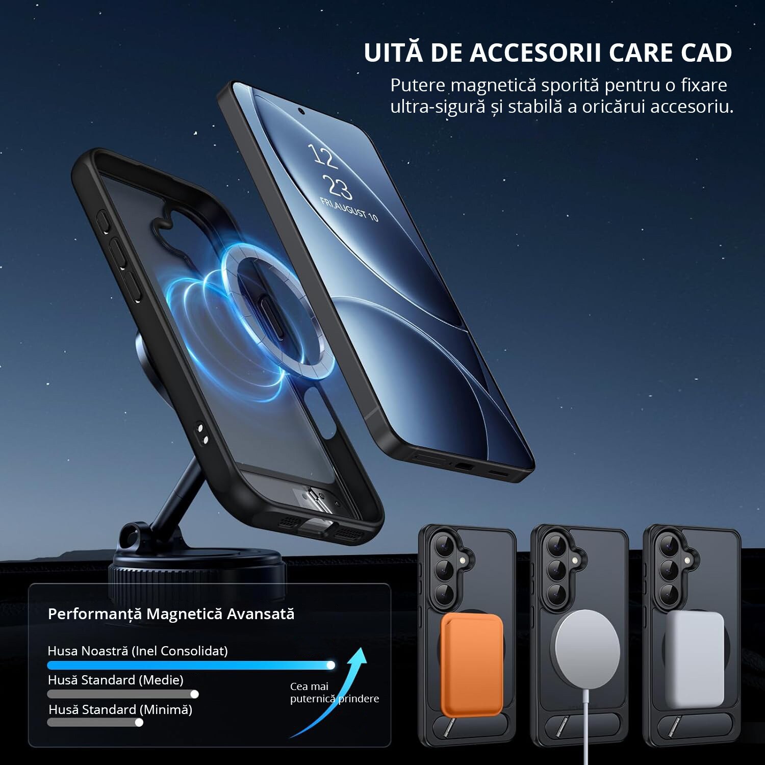 Husa pentru Samsung Galaxy S26, compatibil cu MagSafe, Protectie standard Militar, cu Suport Metalic Incorporat, Negru