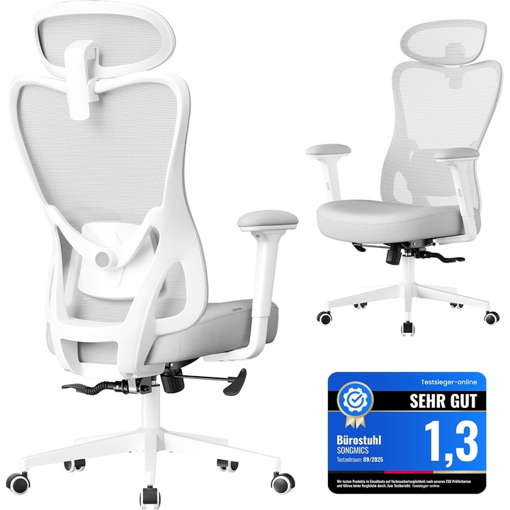Scaun ergonomic de birou, scaun pentru computer, suport lombar si tetiera reglabile, greutate maxima 150 kg, reglabil pe inaltime, gri porumbel (Dove Grey), SONGMICS OBN066GD01