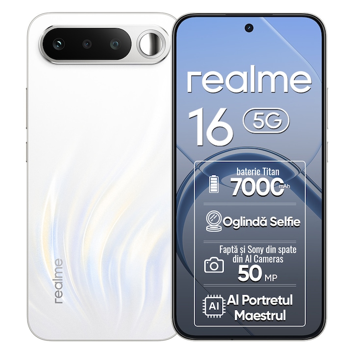 Telefon mobil Realme 16 5G, 256 GB, 6 GB RAM, baterie de 7000 mAh, IP69, alb
