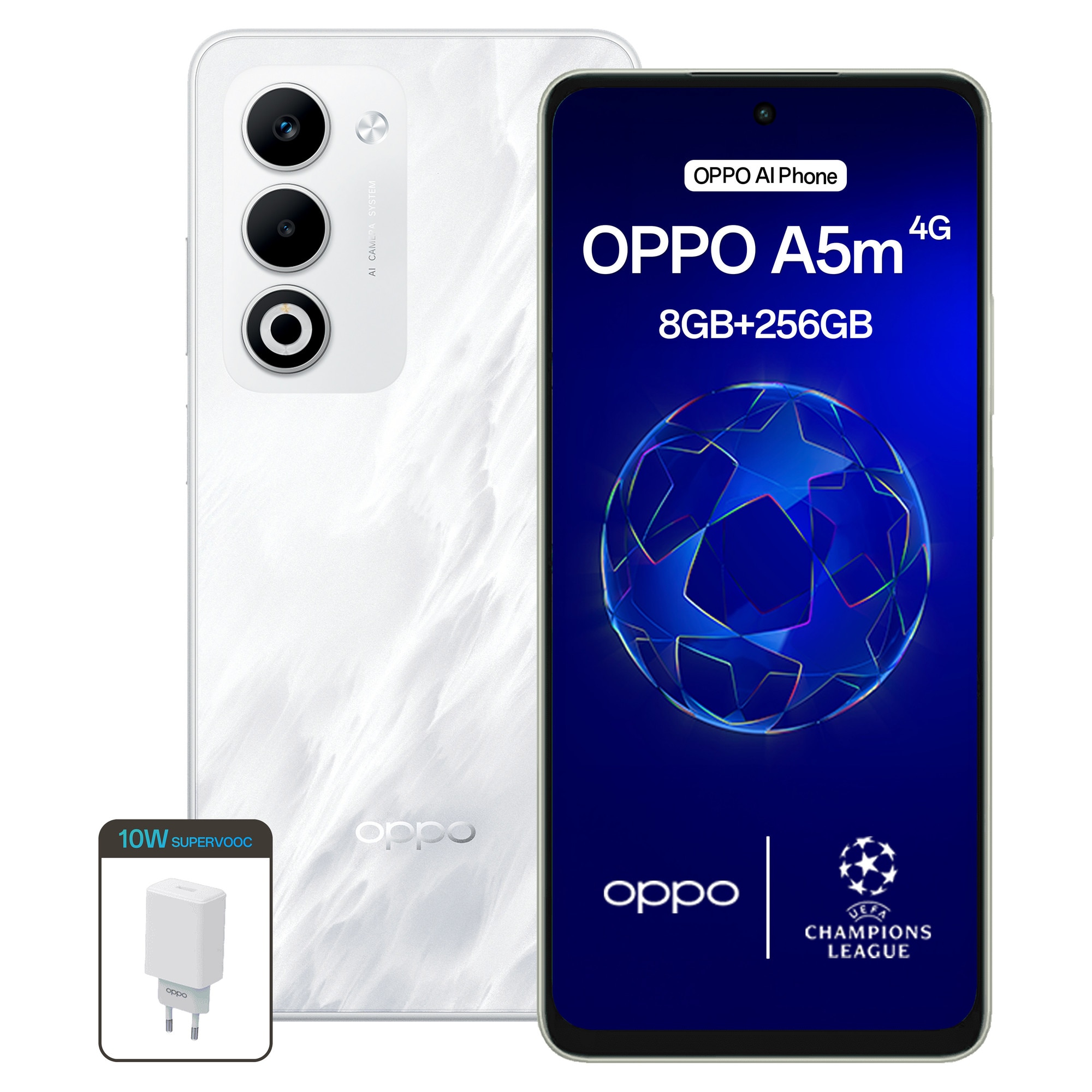 Telefon OPPO A5m 4G Dual SIM, 8GB RAM, 256GB, Baterie 6000mAh-Incarcator 45W SUPERVOOC Suplimentar, Misty White